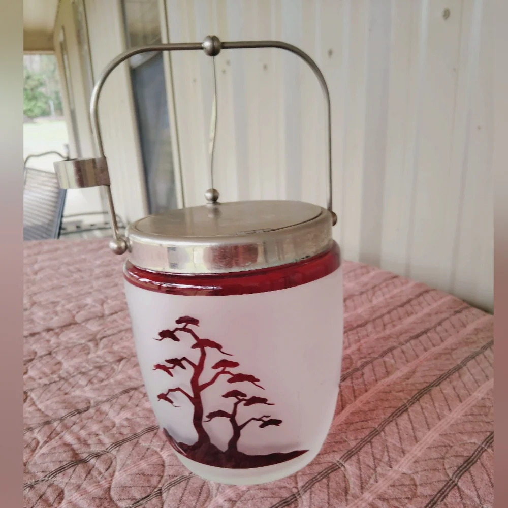 Vintage MCM Noritake Frosted Ruby Red Ice Bucket & Tongs Japan Asian Barware Bar